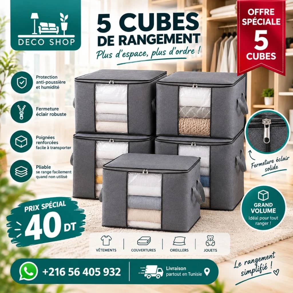 Deco Shop Plus Lot de 5 Cubes de Rangement Pliables – 50 × 40 × 40 cm