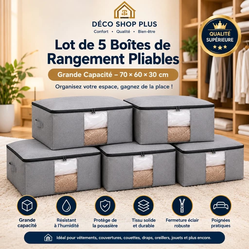 Deco Shop Plus Lot de 5 Boîtes de Rangement Pliables – Grande Capacité 70 × 60 × 30 cm 2